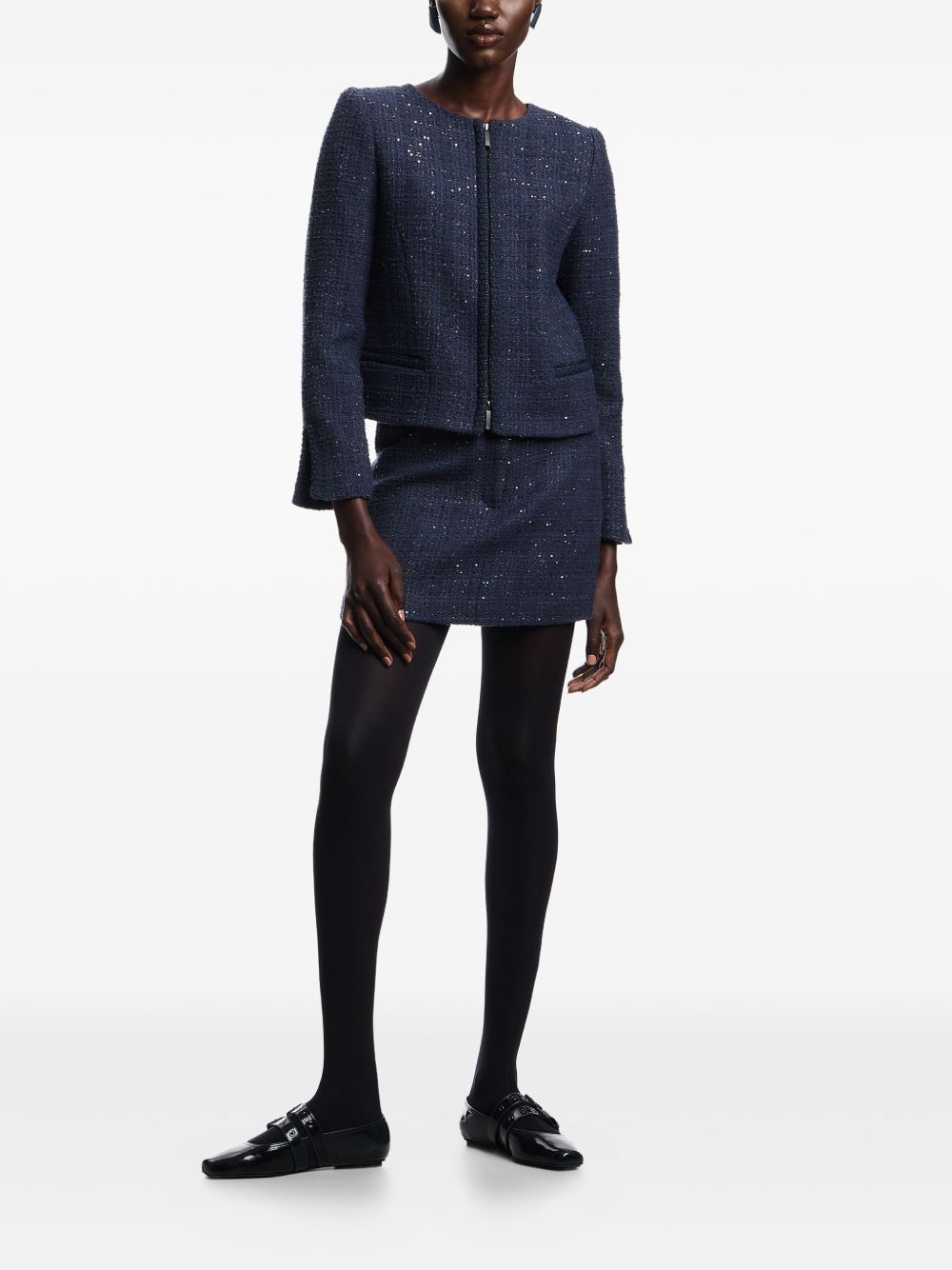 Emporio Armani Navy Blue Sequin Tweed Wool-Blend Blazer with Zip Fastening Blue