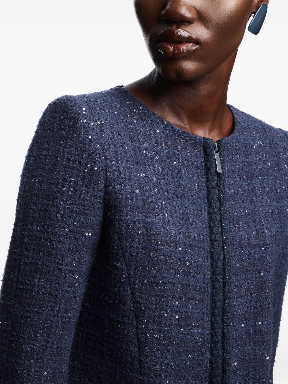 Emporio Armani Navy Blue Sequin Tweed Wool-Blend Blazer with Zip Fastening Blue
