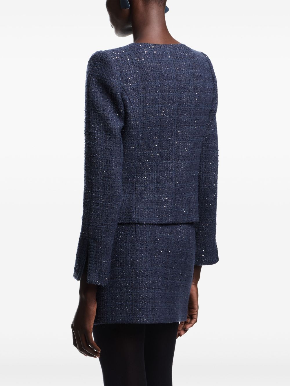 Emporio Armani Navy Blue Sequin Tweed Wool-Blend Blazer with Zip Fastening Blue