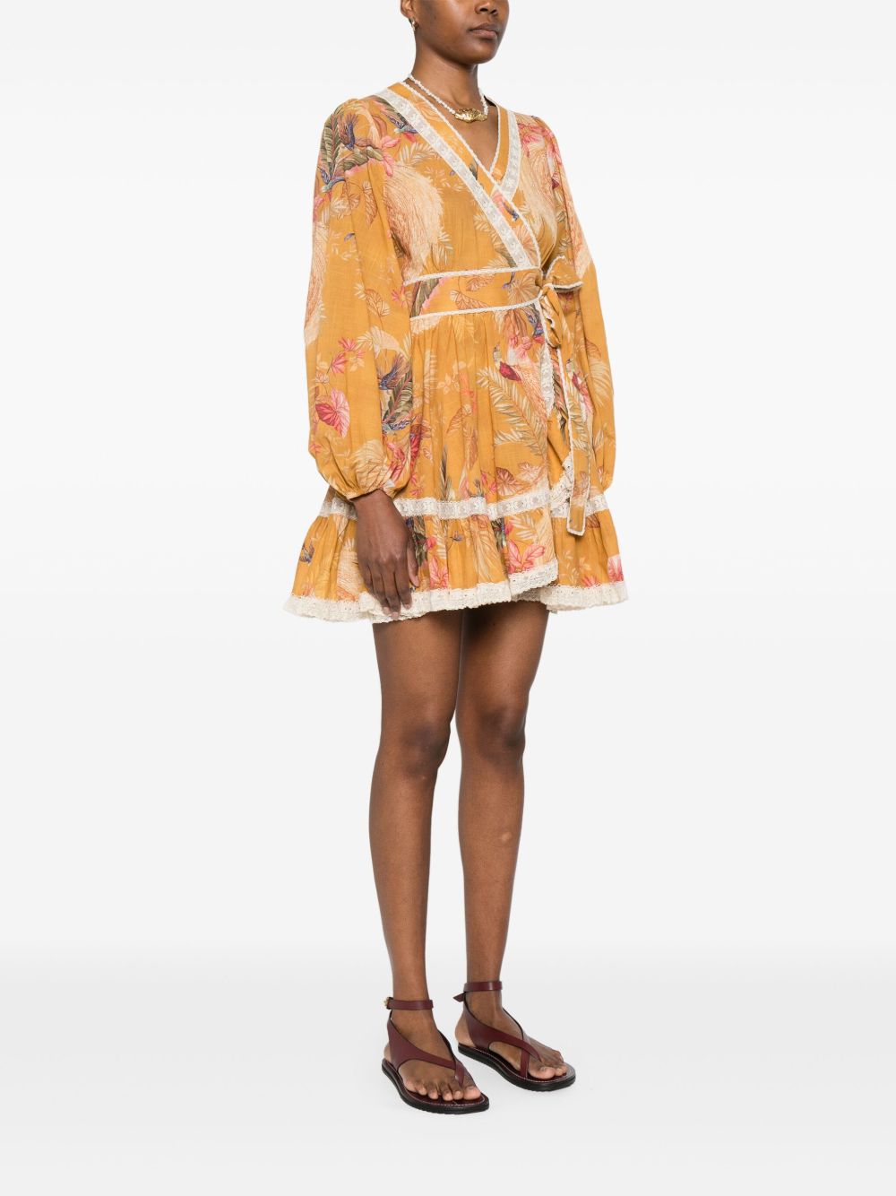 Zimmermann Ascension Ochre Cotton Mini Dress with Lace Detail Ochre
