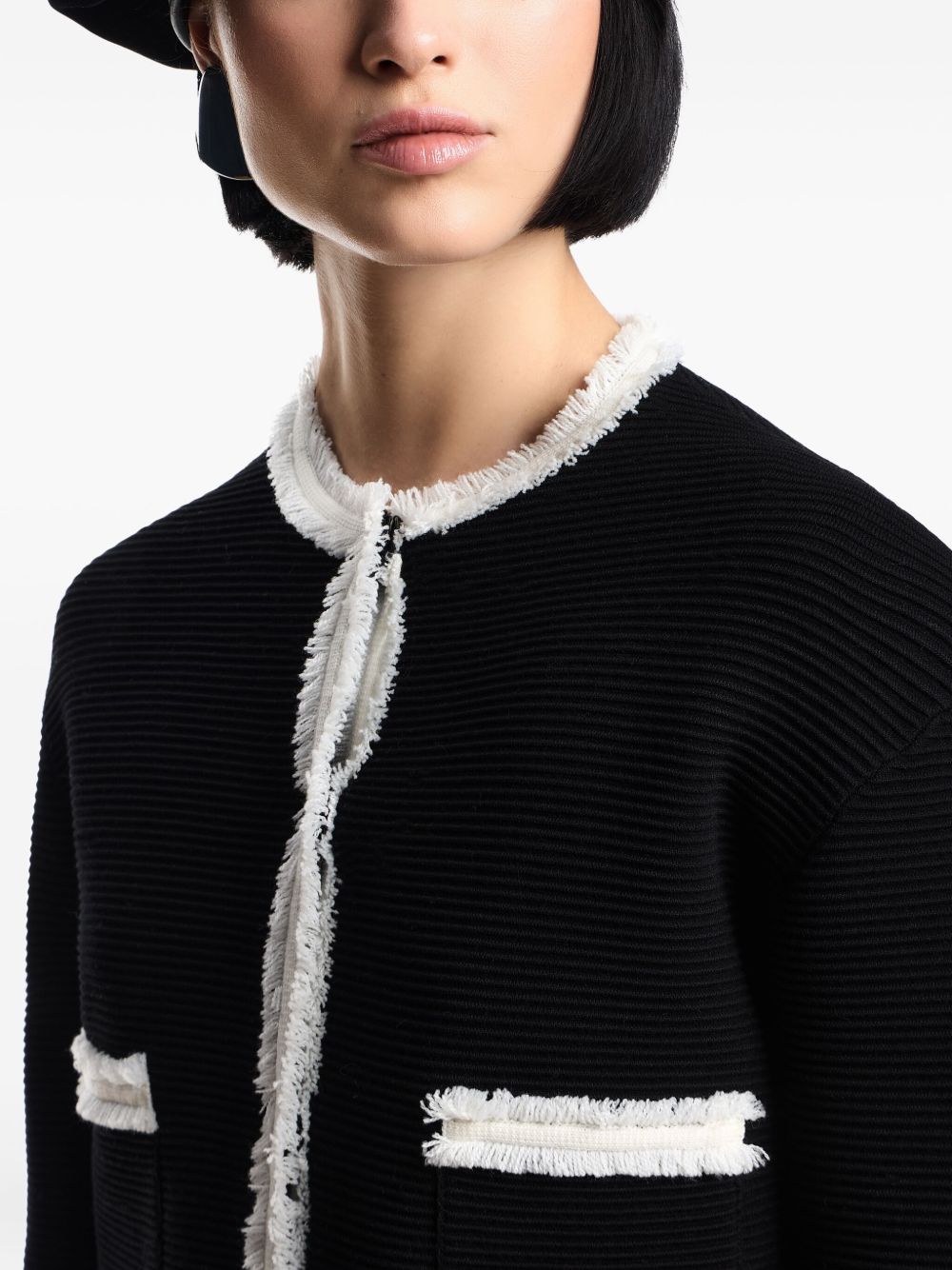 Emporio Armani Wool-Blend Fringed Crewneck Blazer Black