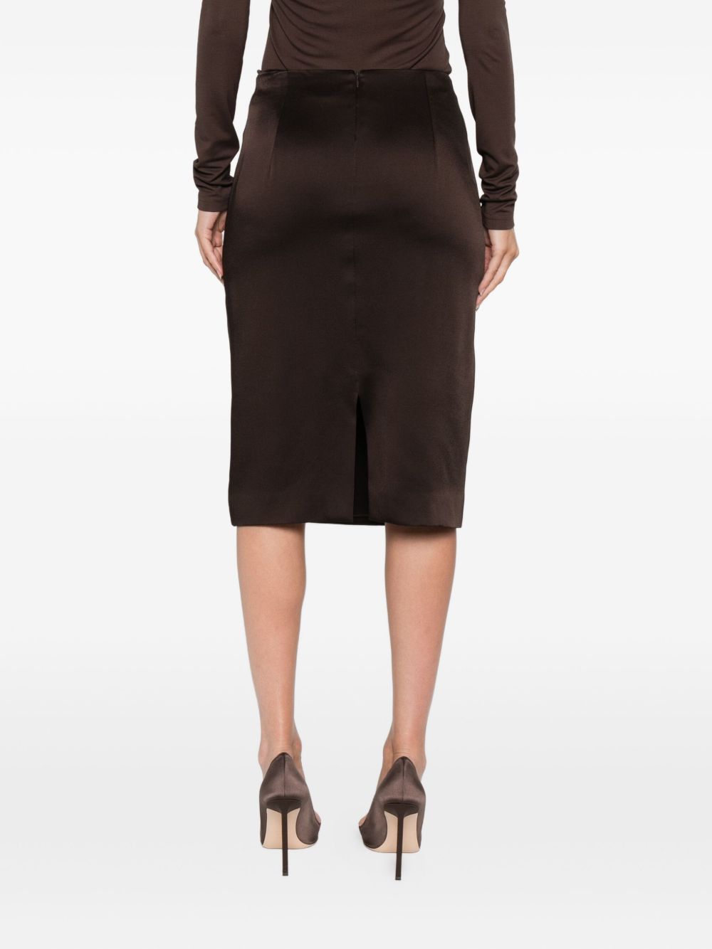 Tom Ford Pencil Satin Midi Skirt in Dark Brown