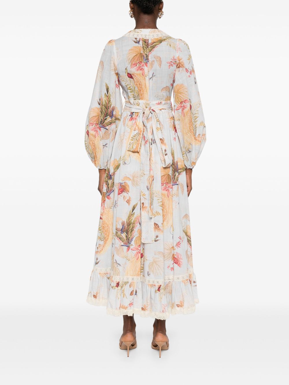 Zimmermann Ascension Floral-Print Lace-Trim Wrap Midi Dress Clear Blue
