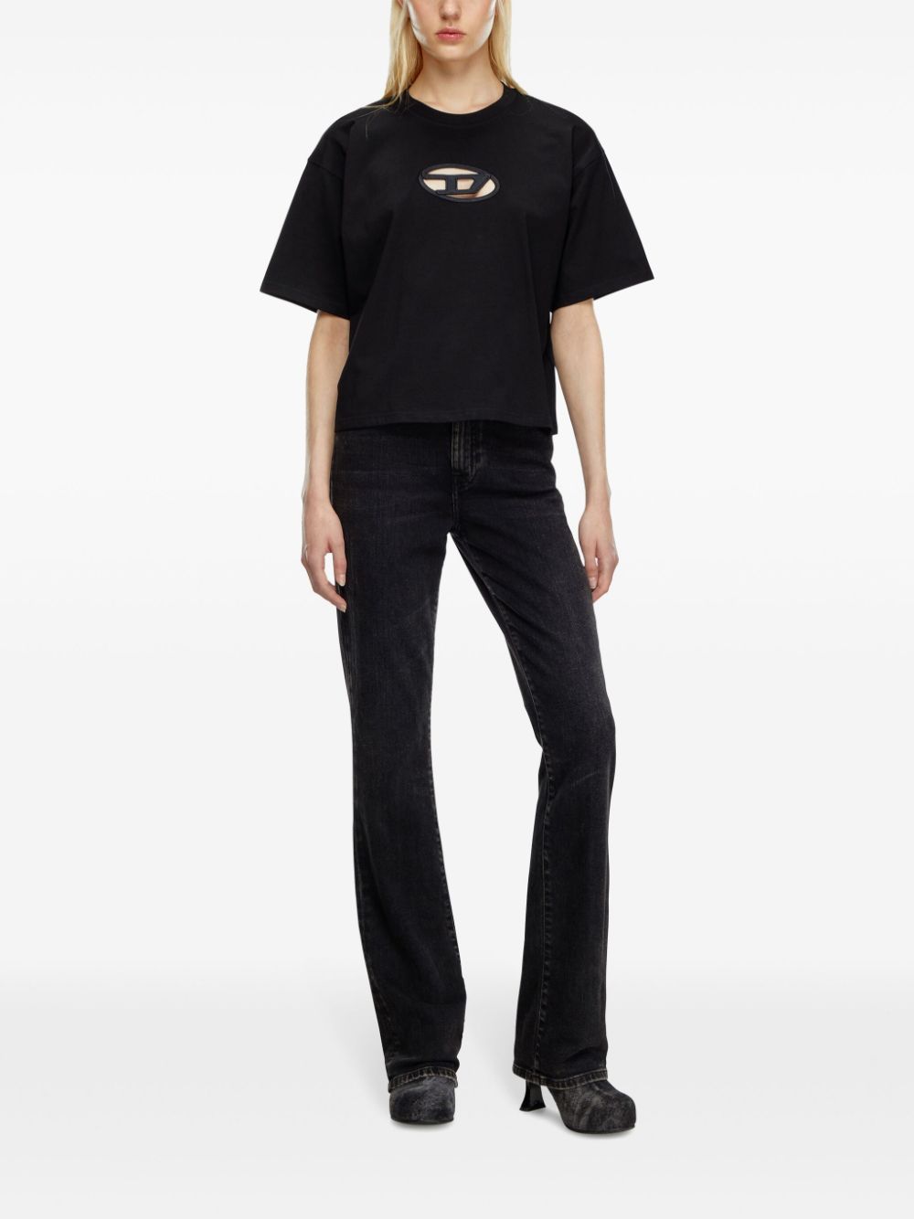 Diesel Cropped Organic Cotton T-shirt with Oval D Logo Black Black