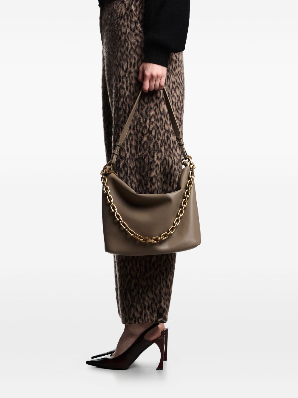 Emporio Armani Medium Leather Hobo Bag with Chain Dove Grey