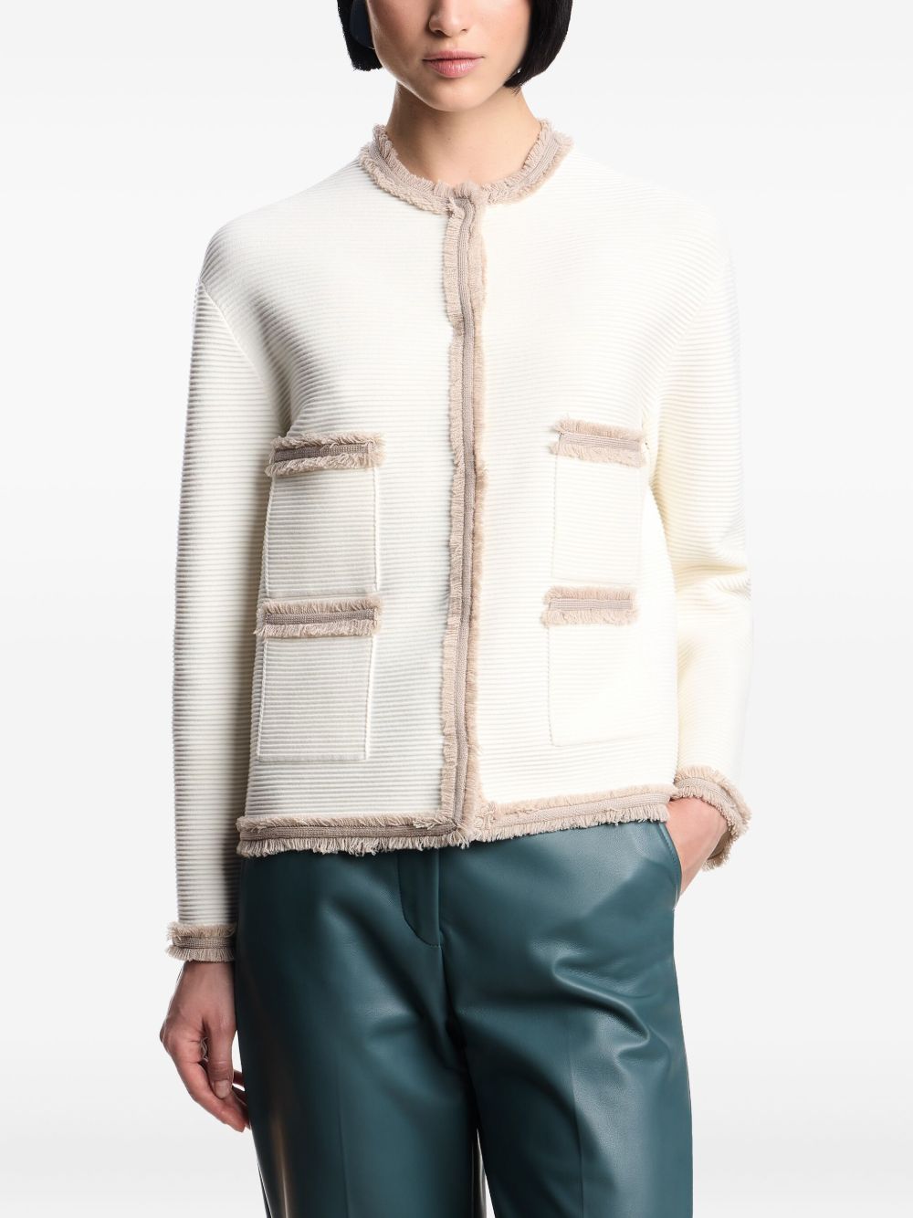 Emporio Armani Fringe-Trim White Crewneck Blazer Jacket White
