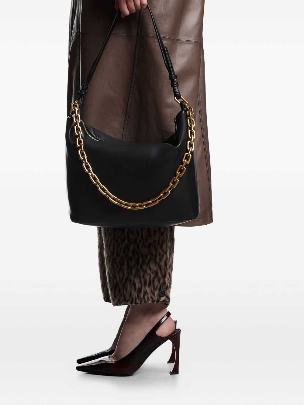 Emporio Armani Medium Leather Hobo Bag with Gold-Tone Chain Black