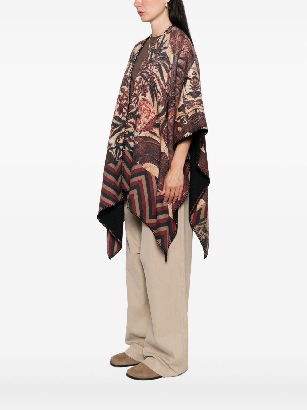 Pierre Louis Mascia Zigzag Floral Wool Poncho Cape Brown