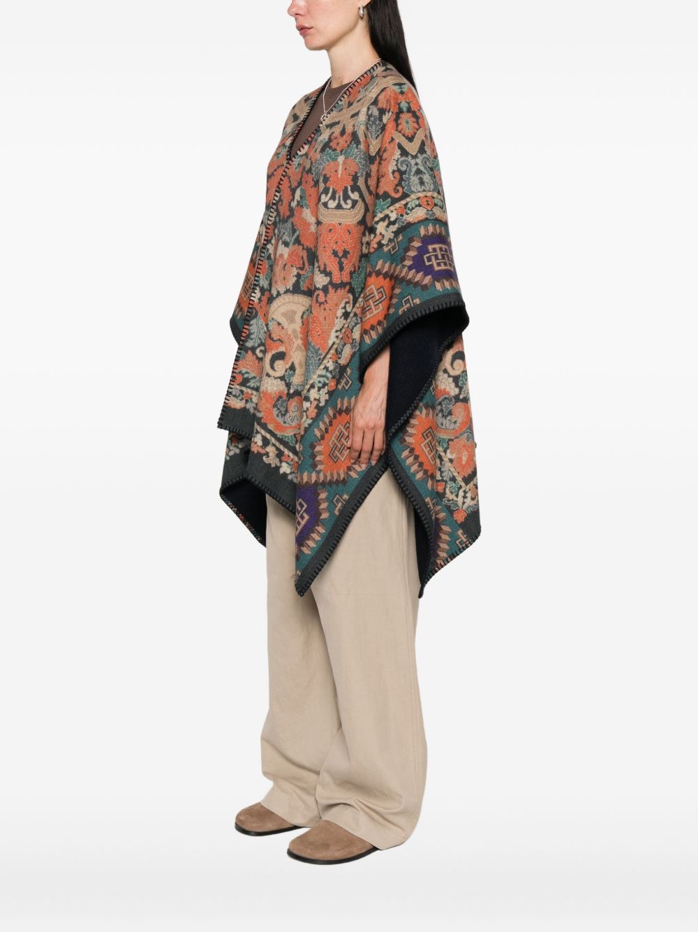 Pierre Louis Mascia Wool Tapestry Fringed Poncho Blue MultiColour