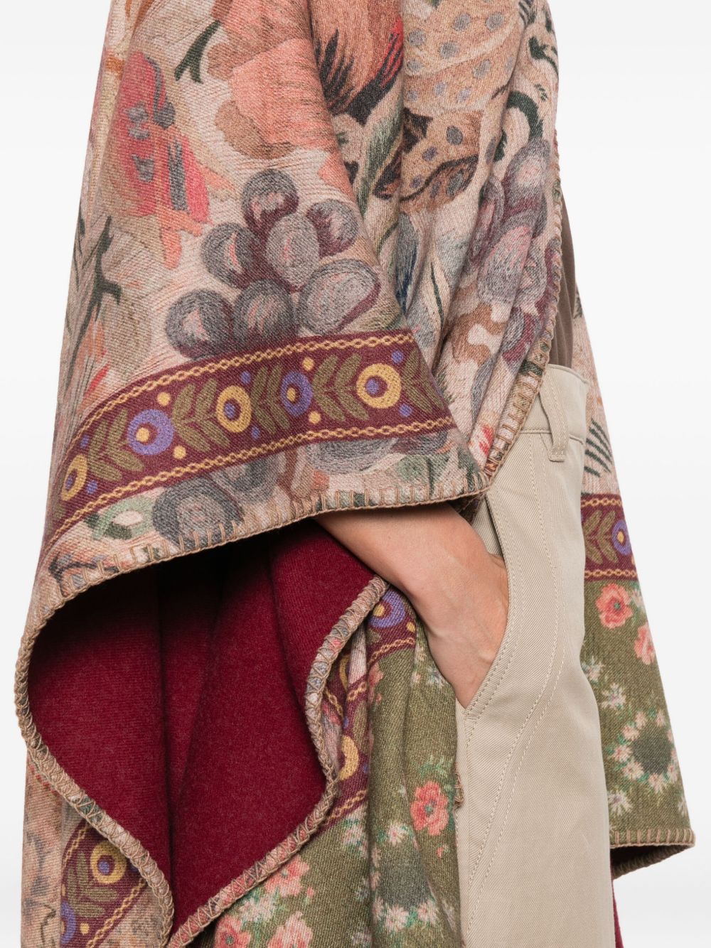 Pierre Louis Mascia Floral Wool Tapestry Poncho with Geometric Borders Beige