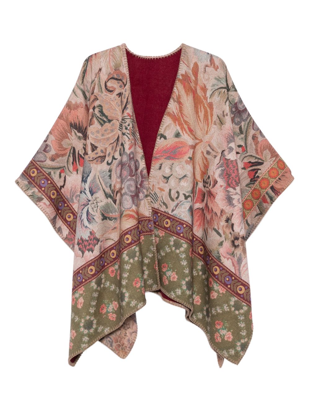 Pierre Louis Mascia Floral Wool Tapestry Poncho with Geometric Borders Beige