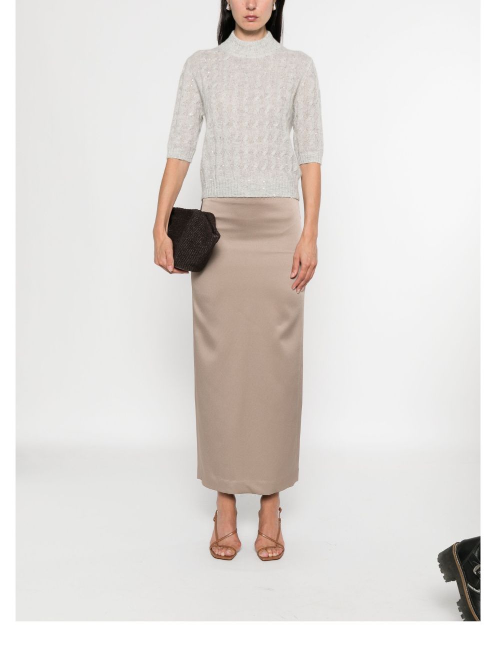 Brunello Cucinelli High-Rise Satin Long Skirt Dove Grey