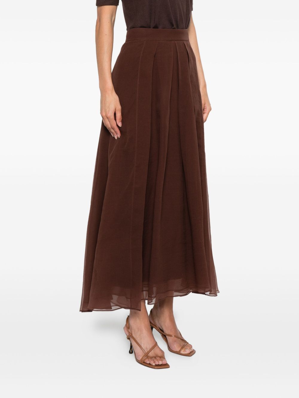 Brunello Cucinelli Pleated A-Line Brown Silk Long Skirt Brown