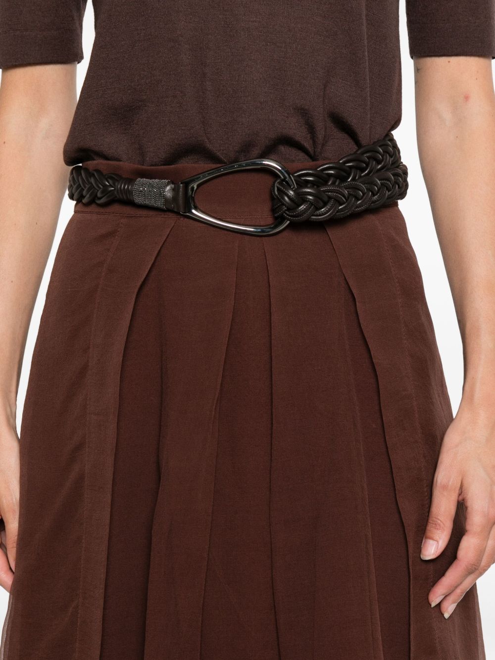 Brunello Cucinelli Pleated A-Line Brown Silk Long Skirt Brown
