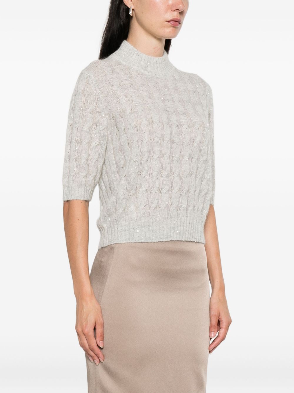 Brunello Cucinelli High Neck Short Sleeve Wool Knitted Sweater Grey Grey