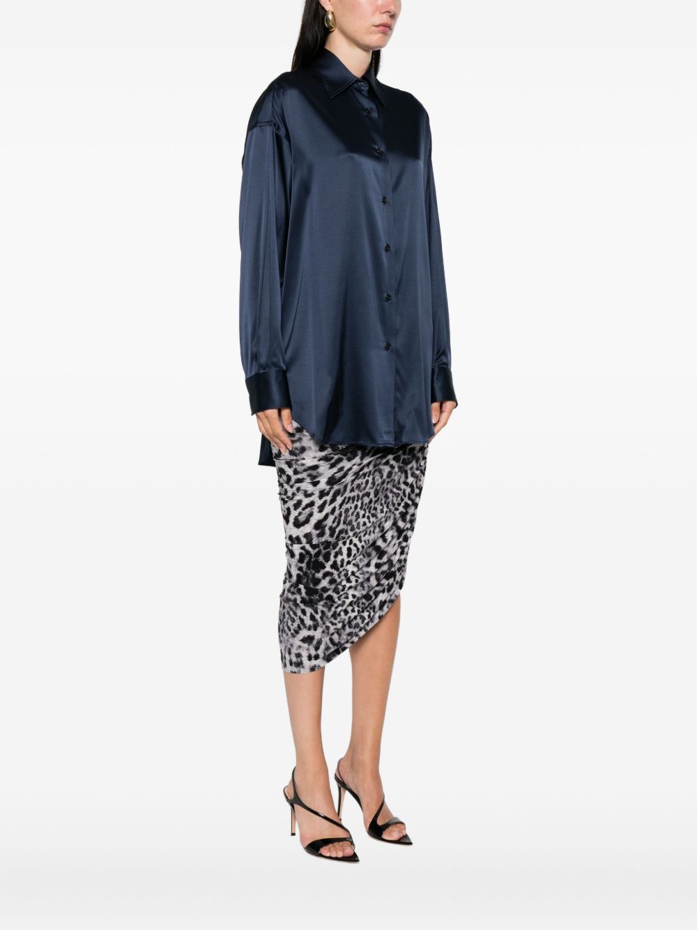 Tom Ford Navy Silk Long-Sleeve Shirt Blue