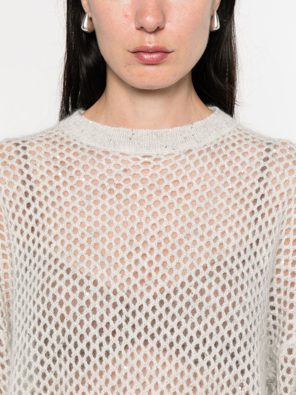 Brunello Cucinelli Light Grey Wool Mesh Long-Sleeve Sweater Grey