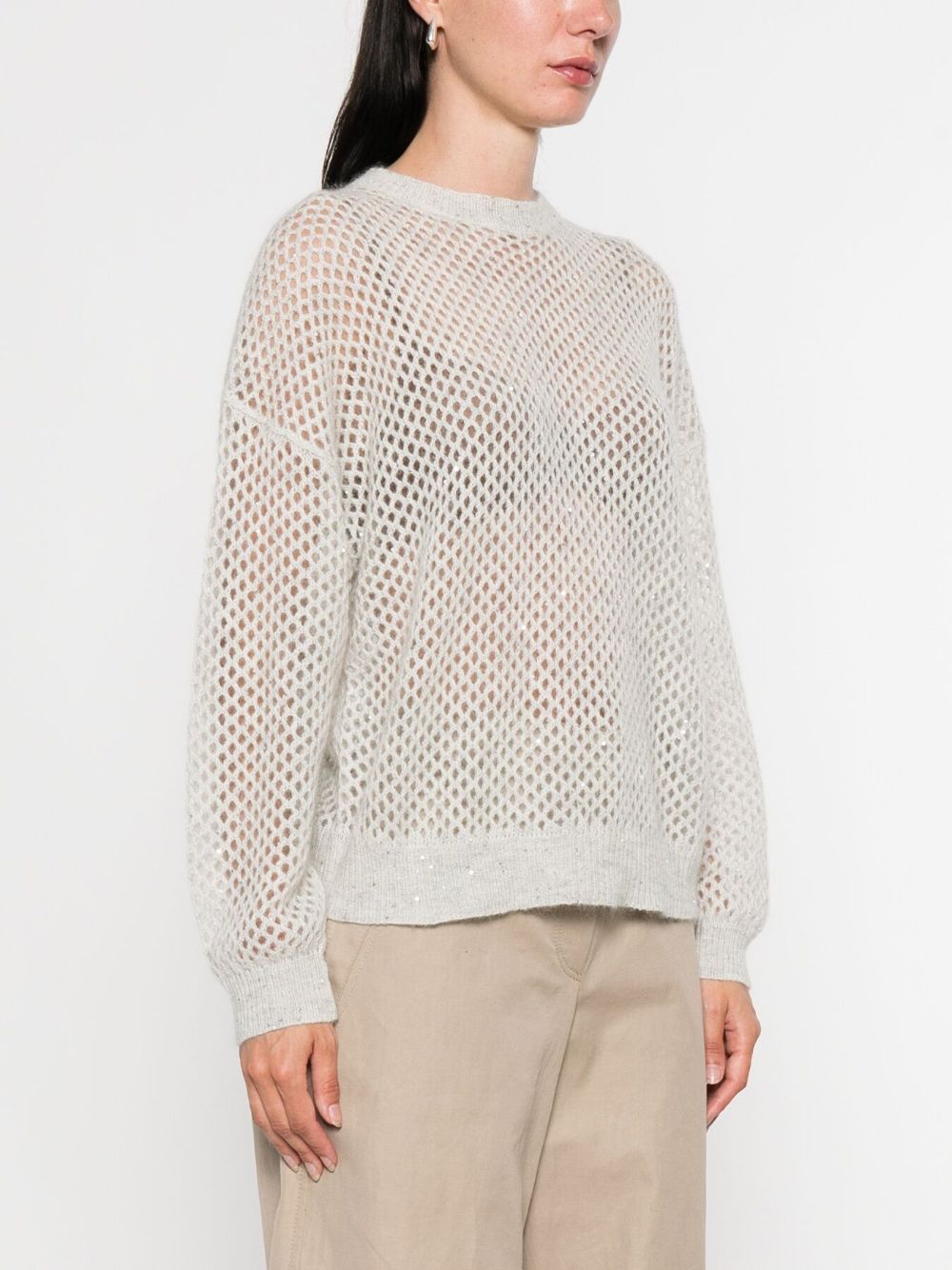 Brunello Cucinelli Light Grey Wool Mesh Long-Sleeve Sweater Grey