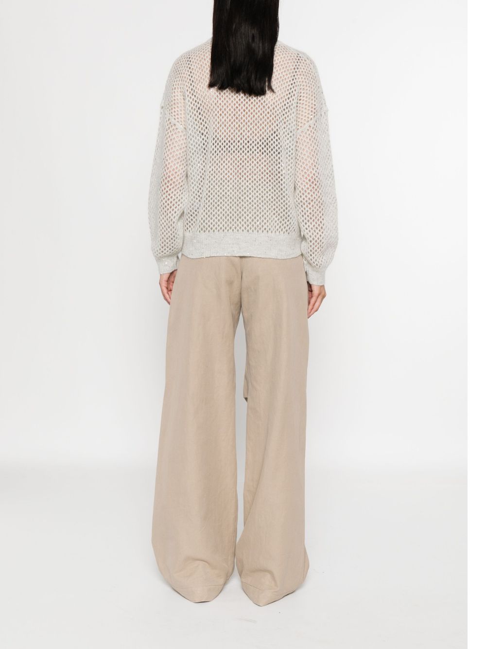 Brunello Cucinelli Light Grey Wool Mesh Long-Sleeve Sweater Grey