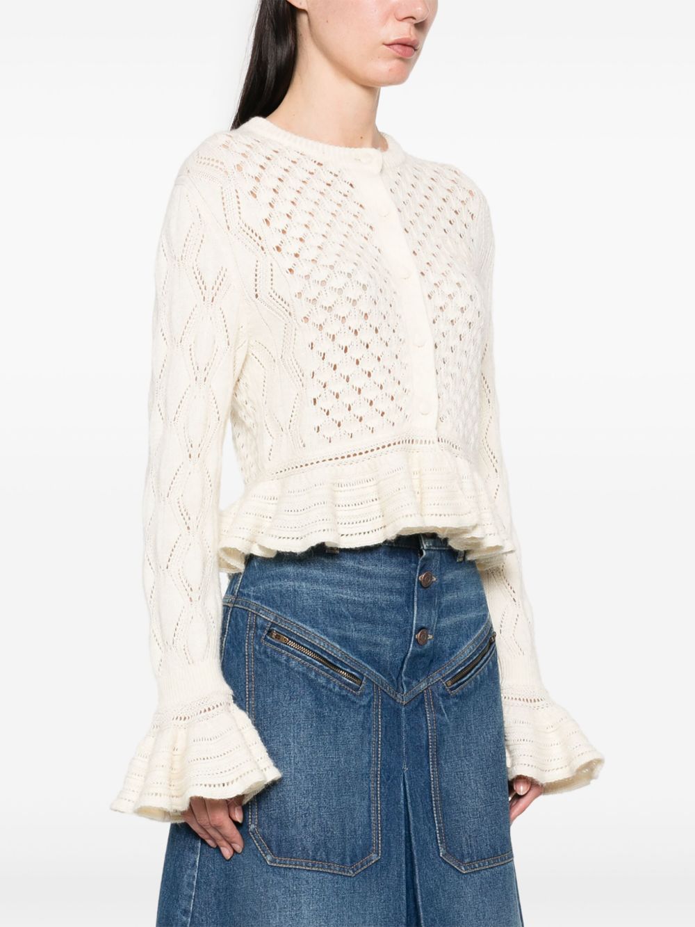 Chloè Wool and Silk Cardigan with Ruffled Cuffs White
