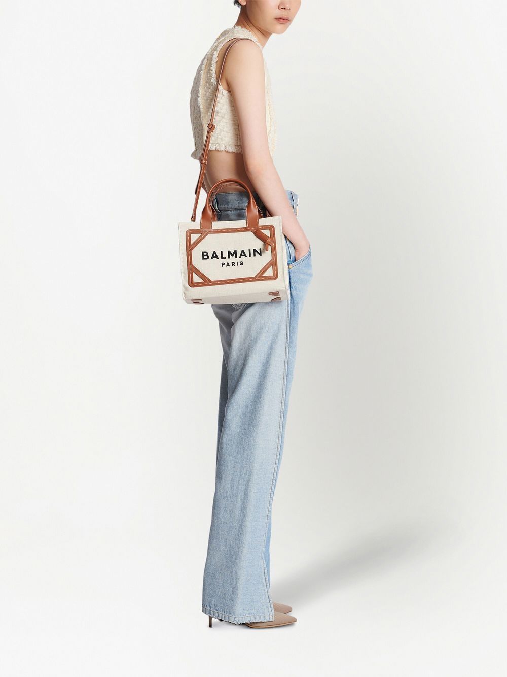 Balmain B-Army Small Canvas Tote Bag Leather Brown