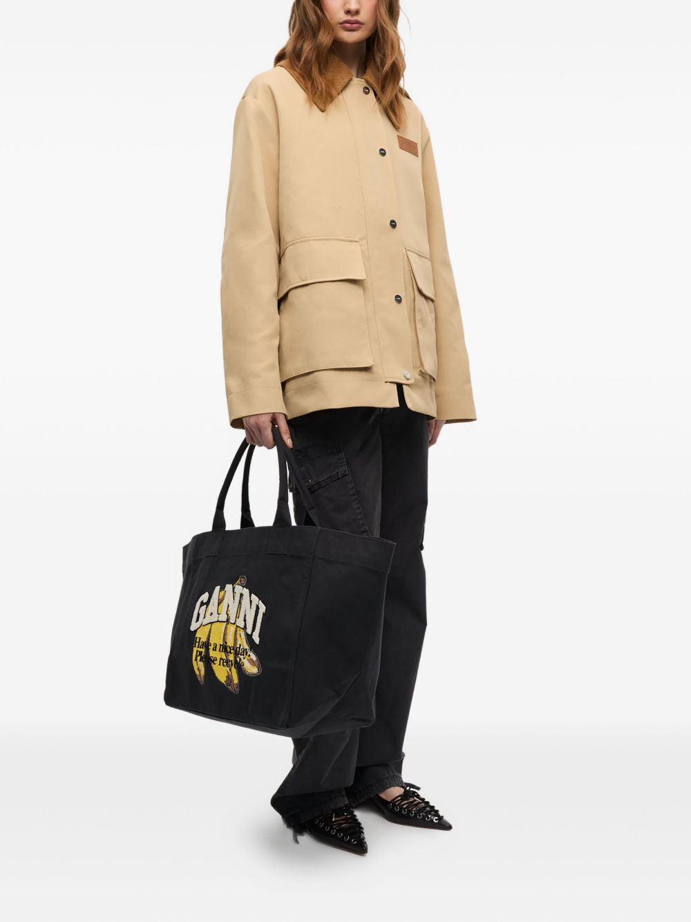 Ganni Large Organic Cotton-Blend Shopper Bag Black