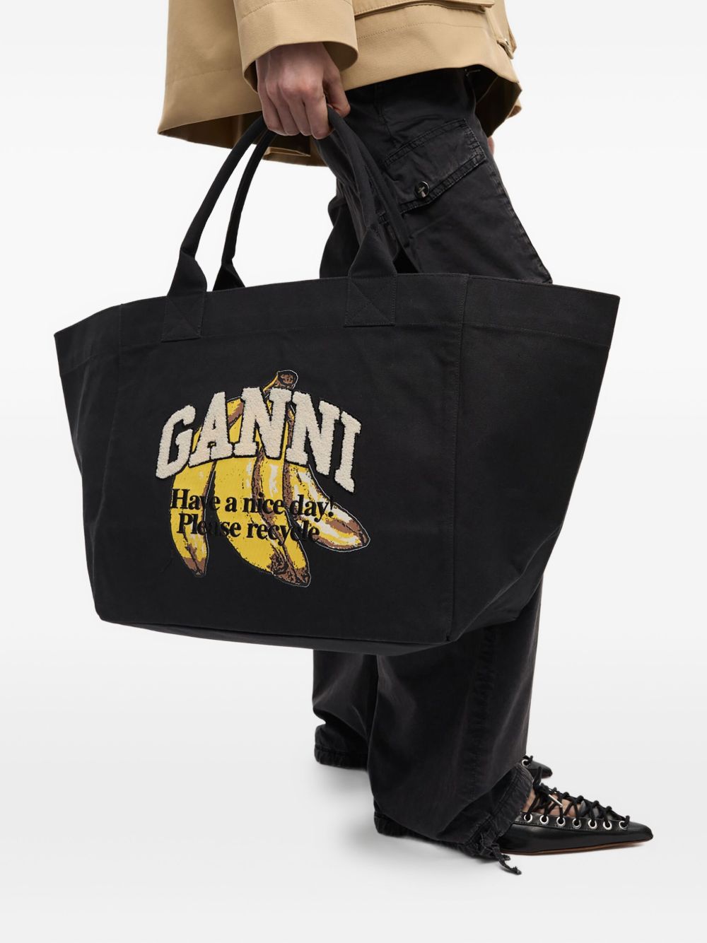 Ganni Large Organic Cotton-Blend Shopper Bag Black