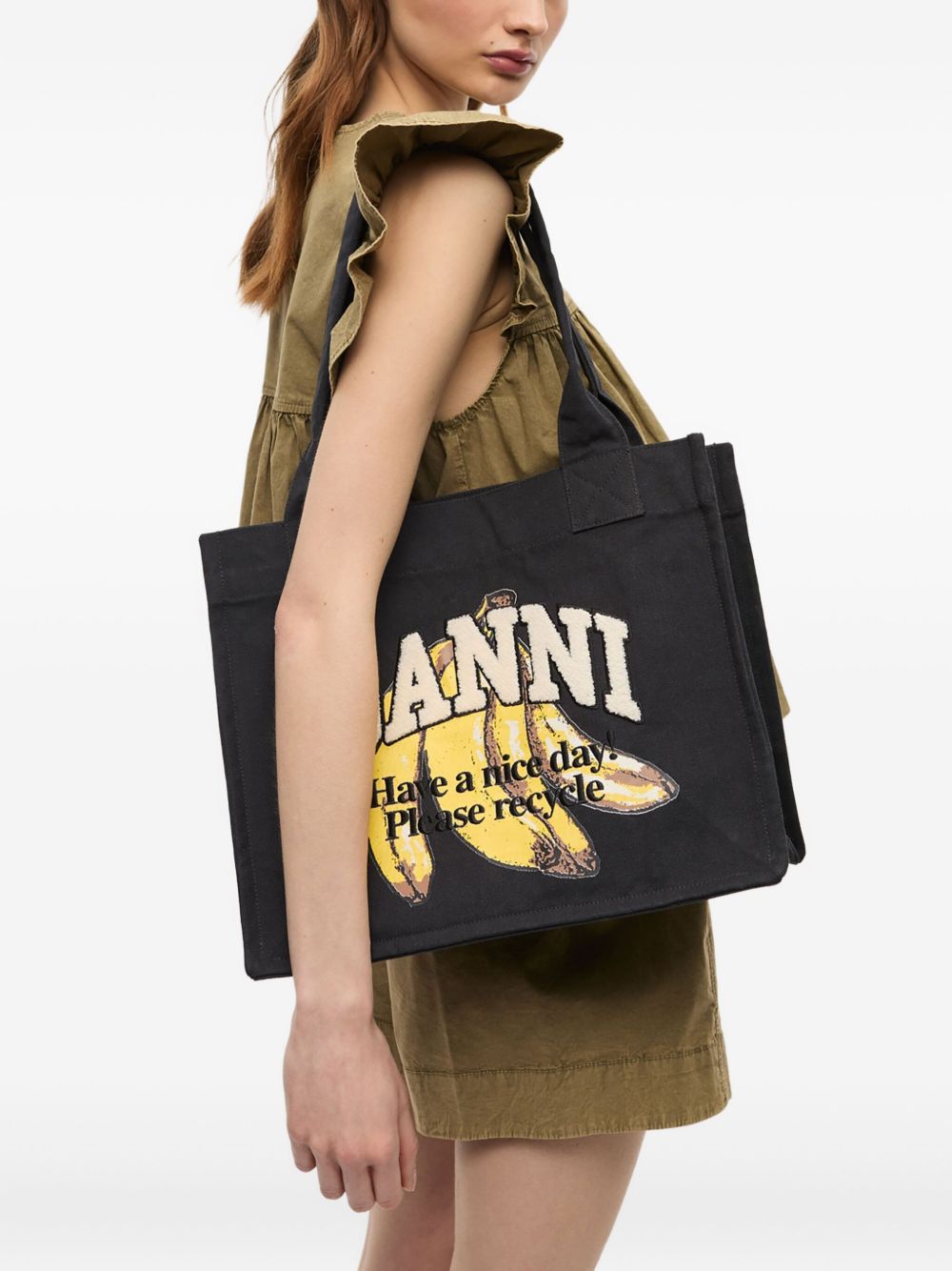 Ganni Large Organic Cotton & Silk Tote Bag Black