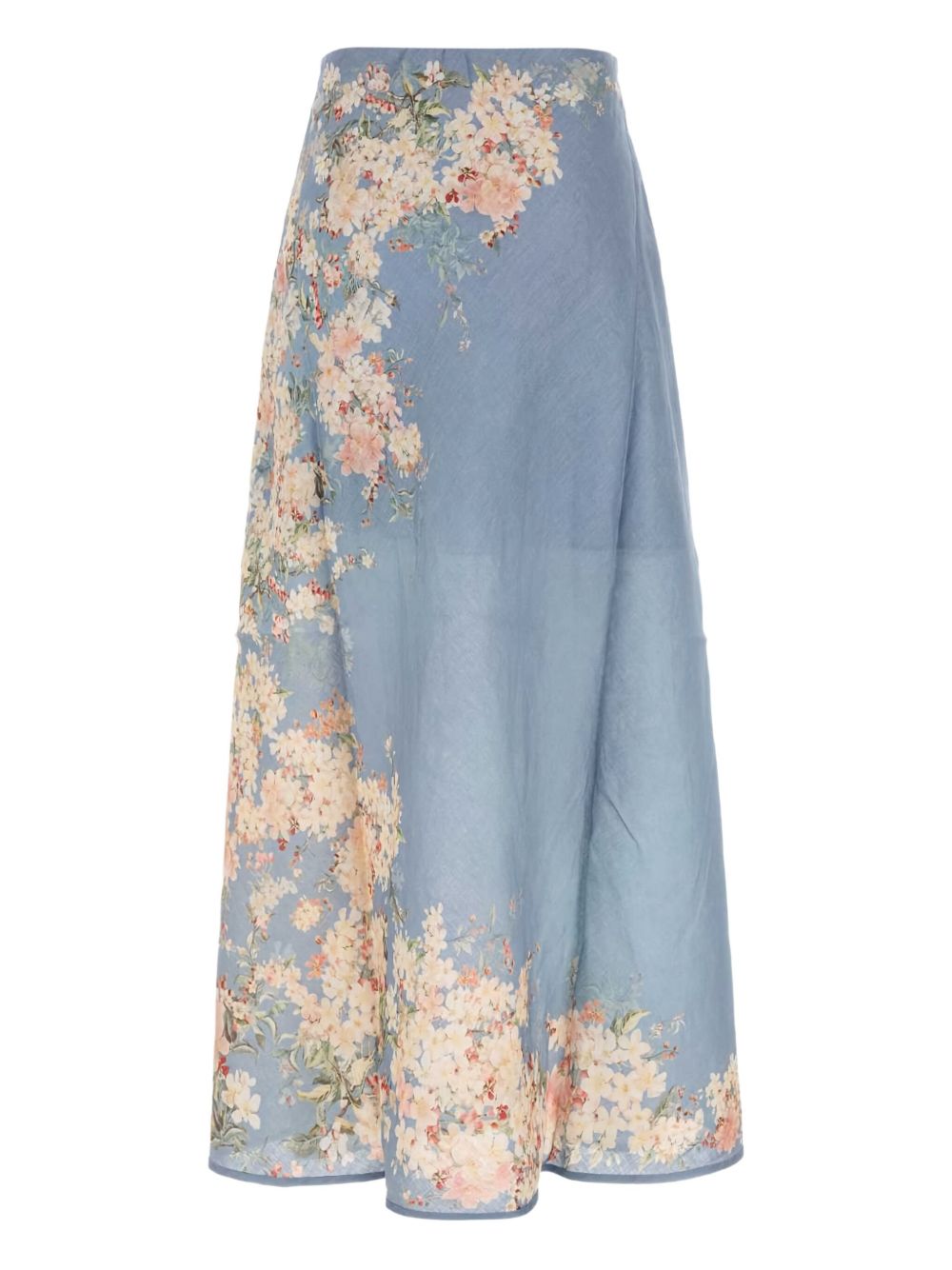 Zimmermann Cascadian Bias Floral-Print Linen Midi Skirt Clear Blue