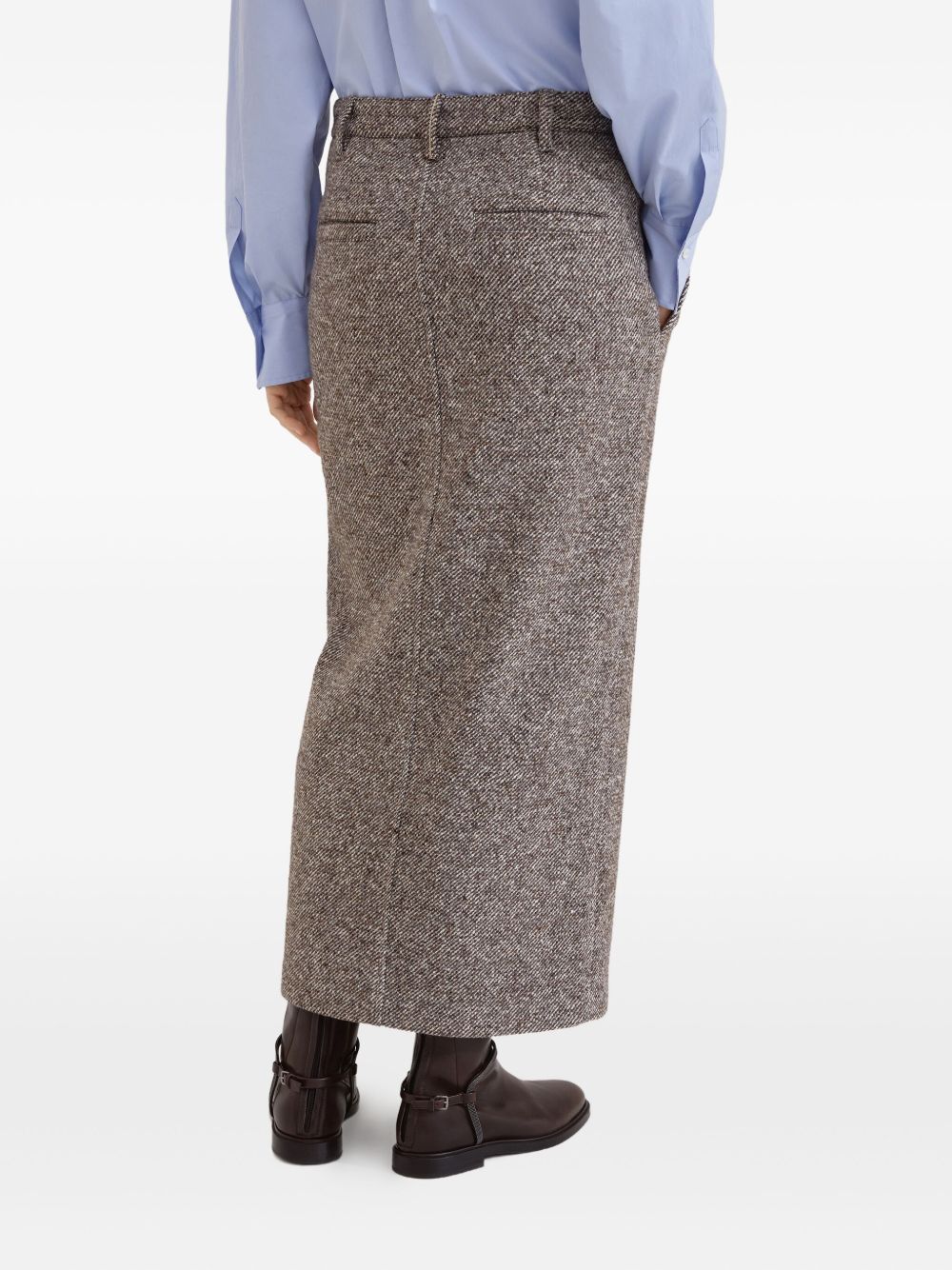 Brunello Cucinelli High-Waisted Wool Midi Skirt With Front Split Brown