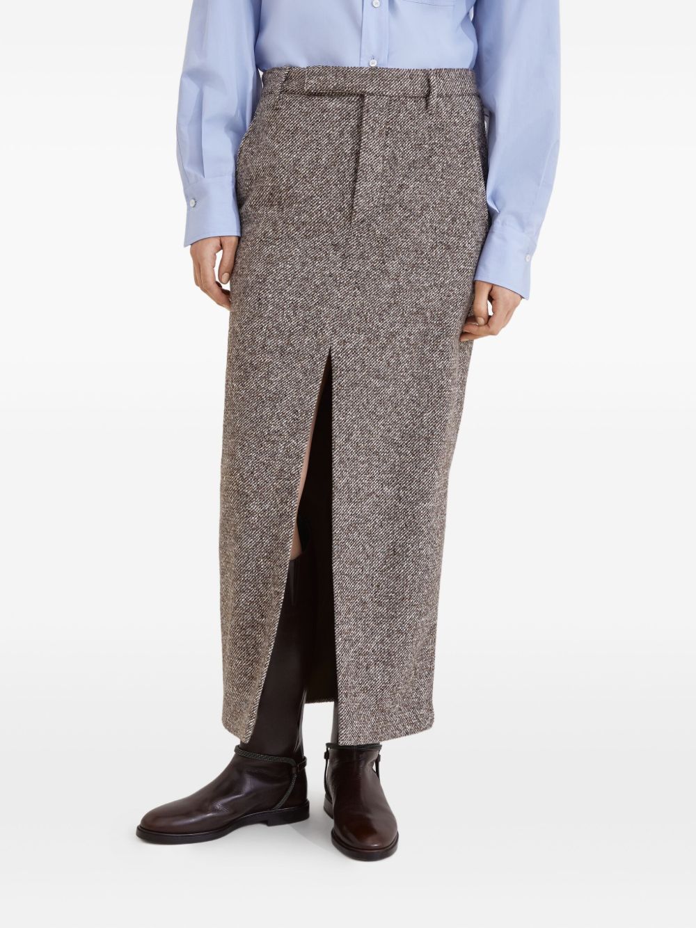 Brunello Cucinelli High-Waisted Wool Midi Skirt With Front Split Brown