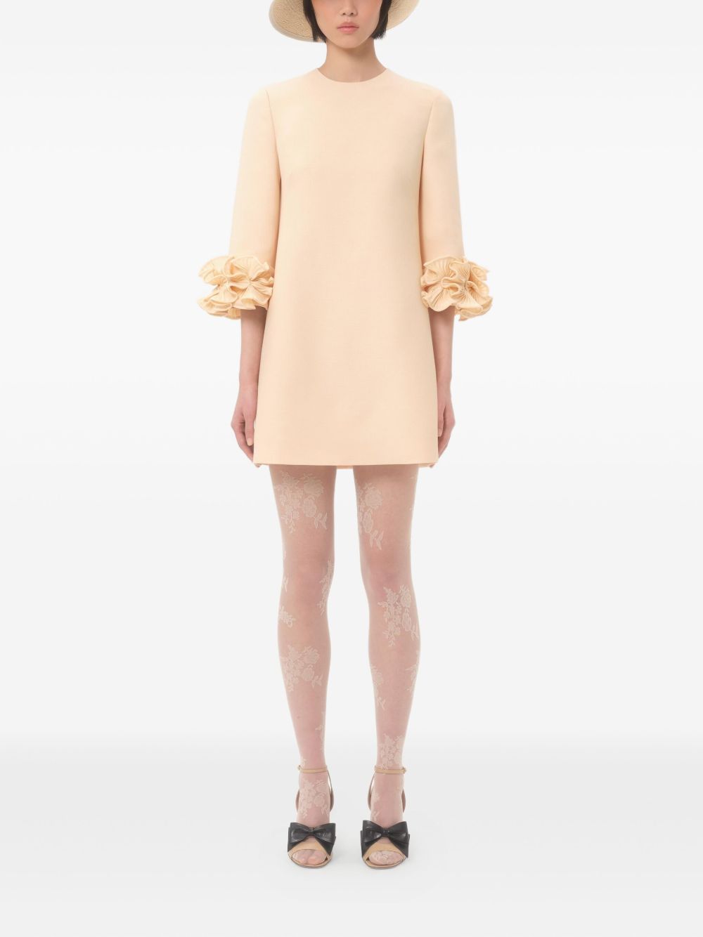 Valentino Crepe Couture Floral-Appliqué Wool-Silk Mini Dress Beige