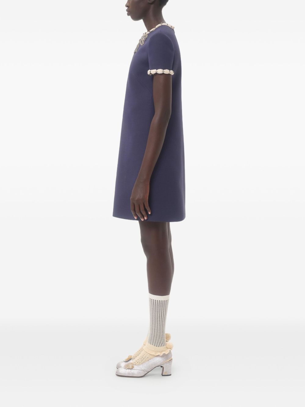 Valentino Short Embroidered Crepe Couture Dress Blue