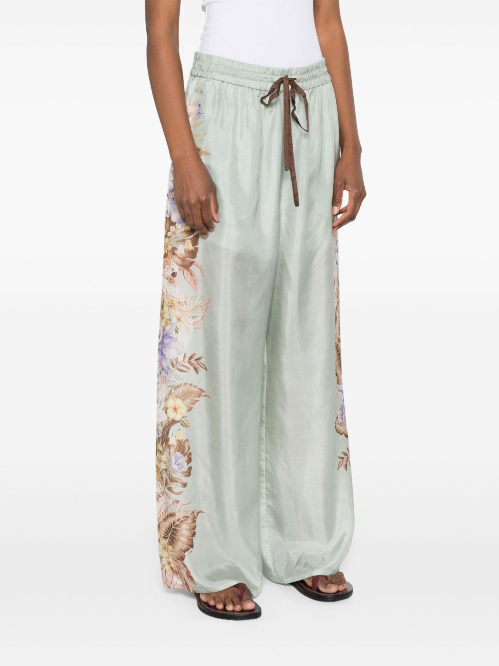 Zimmermann Coco Printed Wide-Leg Silk Trousers Aqua Green