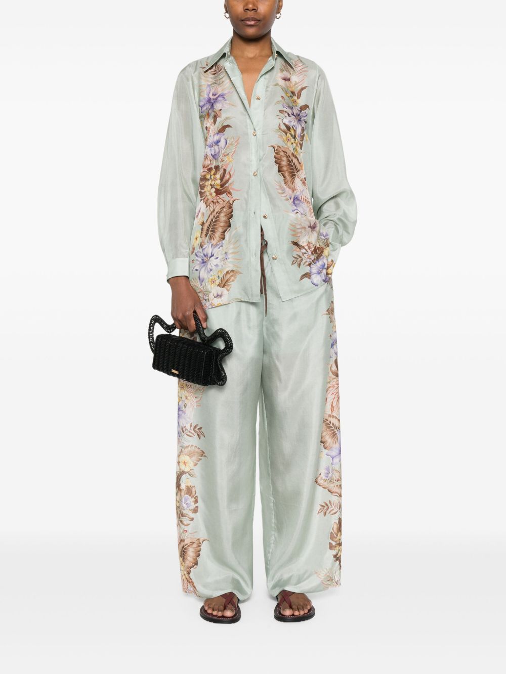 Zimmermann Coco Printed Wide-Leg Silk Trousers Aqua Green