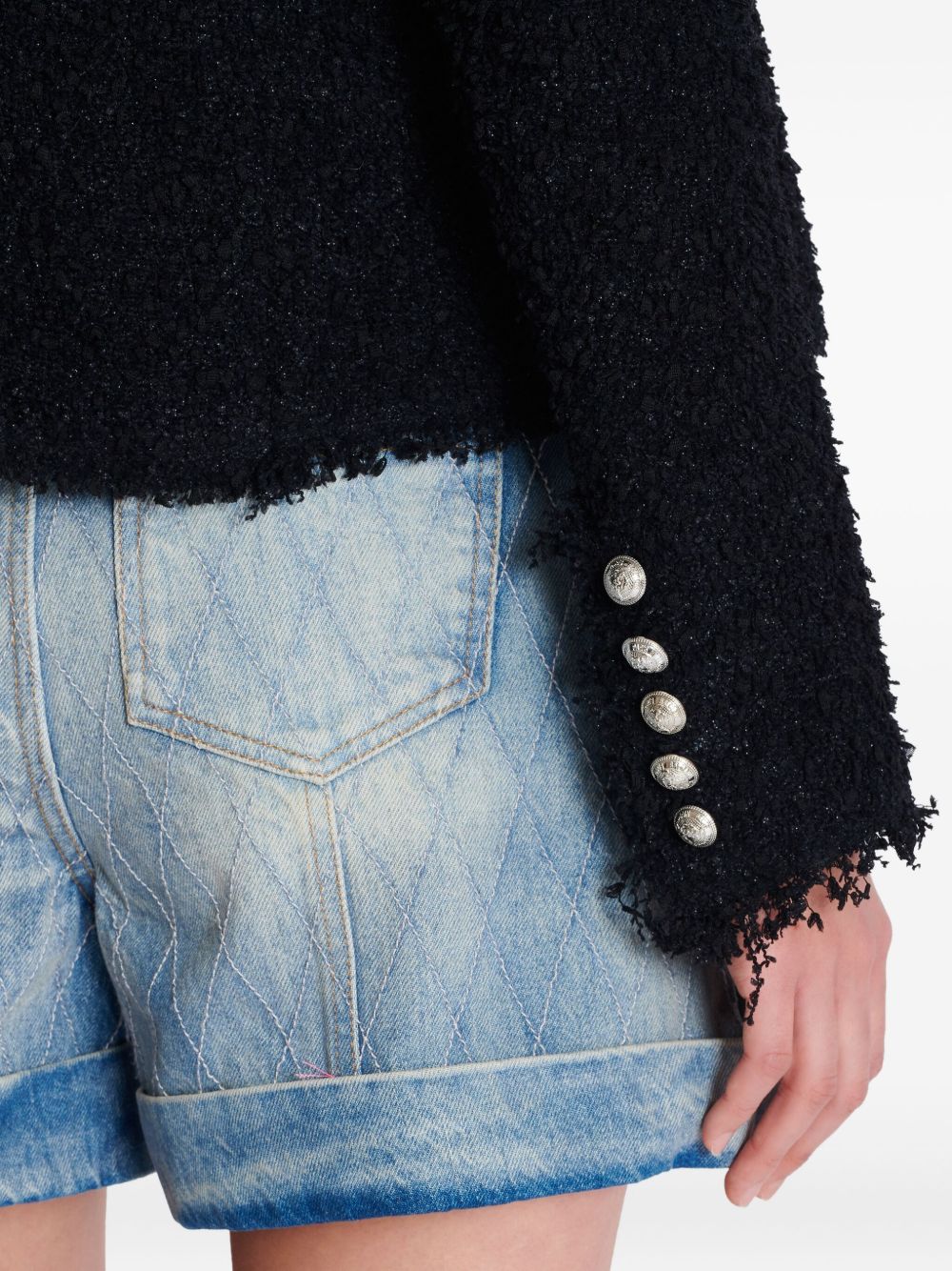 Balmain Edge-to-Edge Black Tweed Short Jacket with Decorative Buttons Black