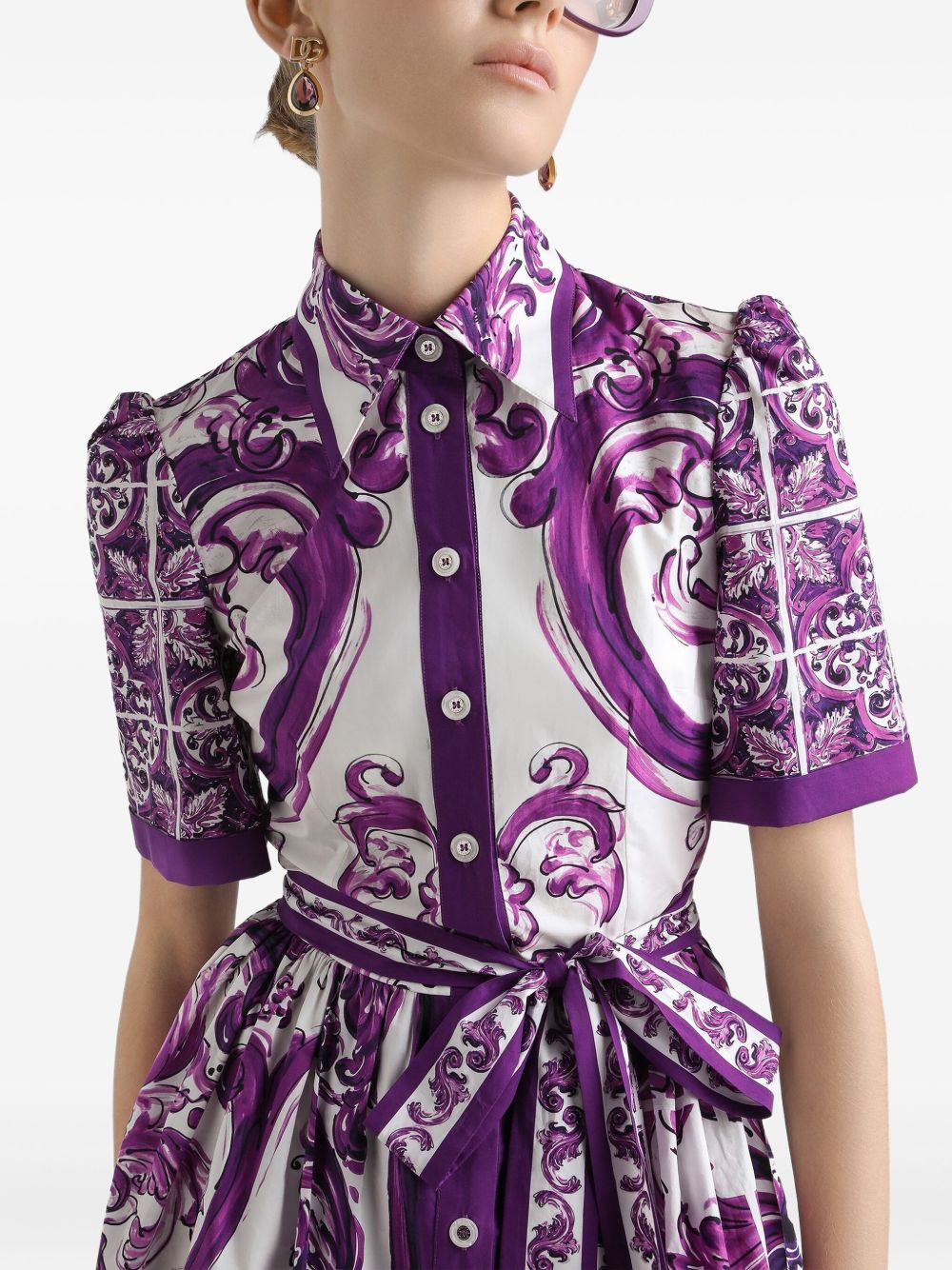 Dolce & Gabbana Maiolica Print Cotton Shirt Dress Purple