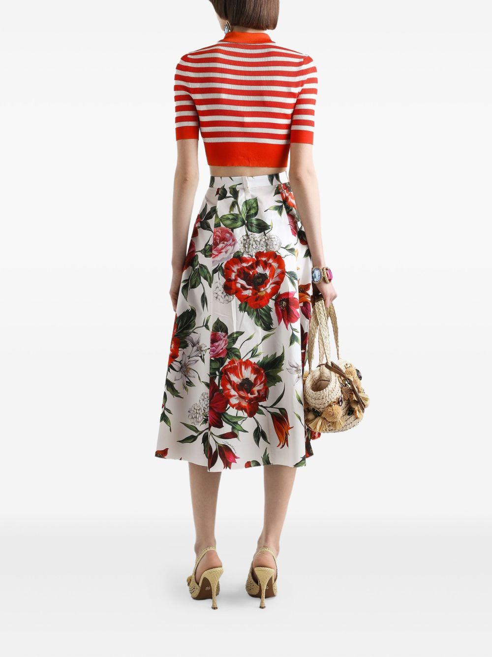 Dolce & Gabbana Pleated Anemoni Print Cotton Midi Skirt White White