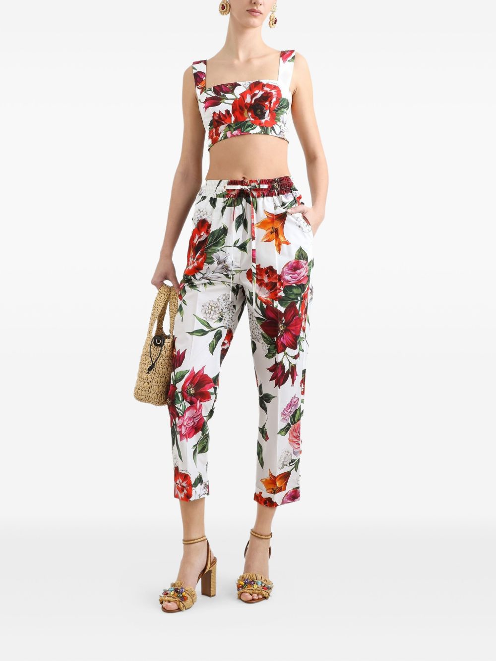 Dolce & Gabbana Square-Neck Cropped Floral-Print Cotton Top White