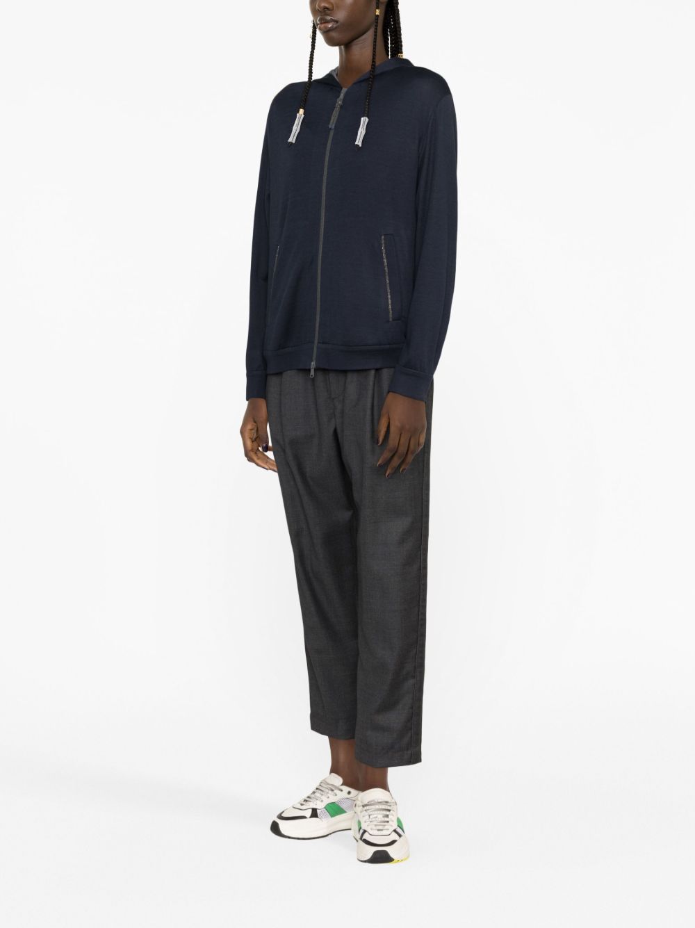 Brunello Cucinelli Navy Monili Chain Cotton-Silk Zip Hoodie Blue