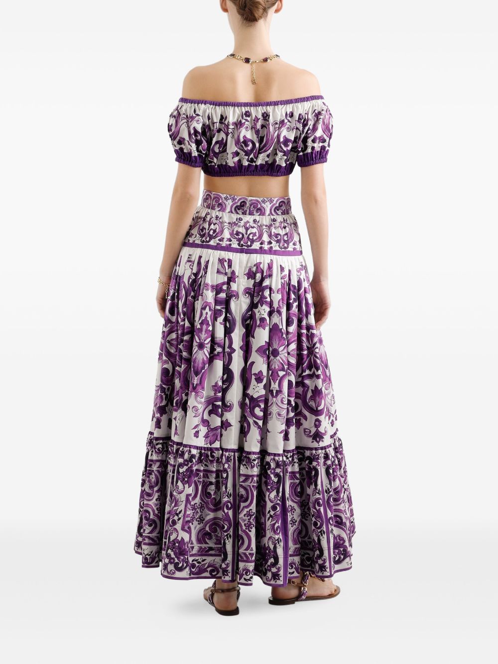 Dolce & Gabbana Off-Shoulder Maiolica Print Cotton Top Purple