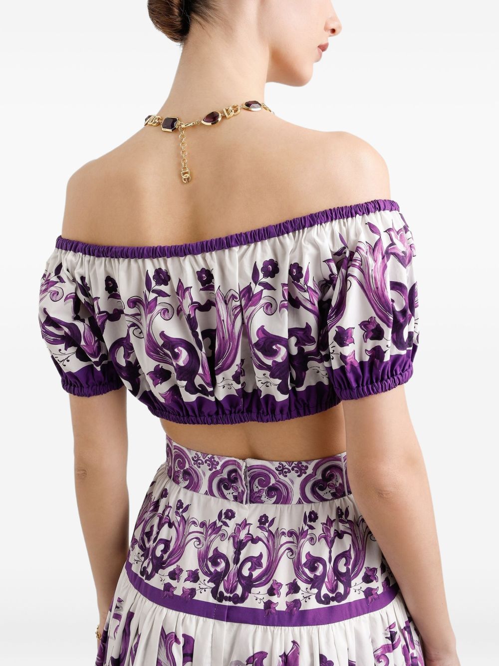 Dolce & Gabbana Off-Shoulder Maiolica Print Cotton Top Purple