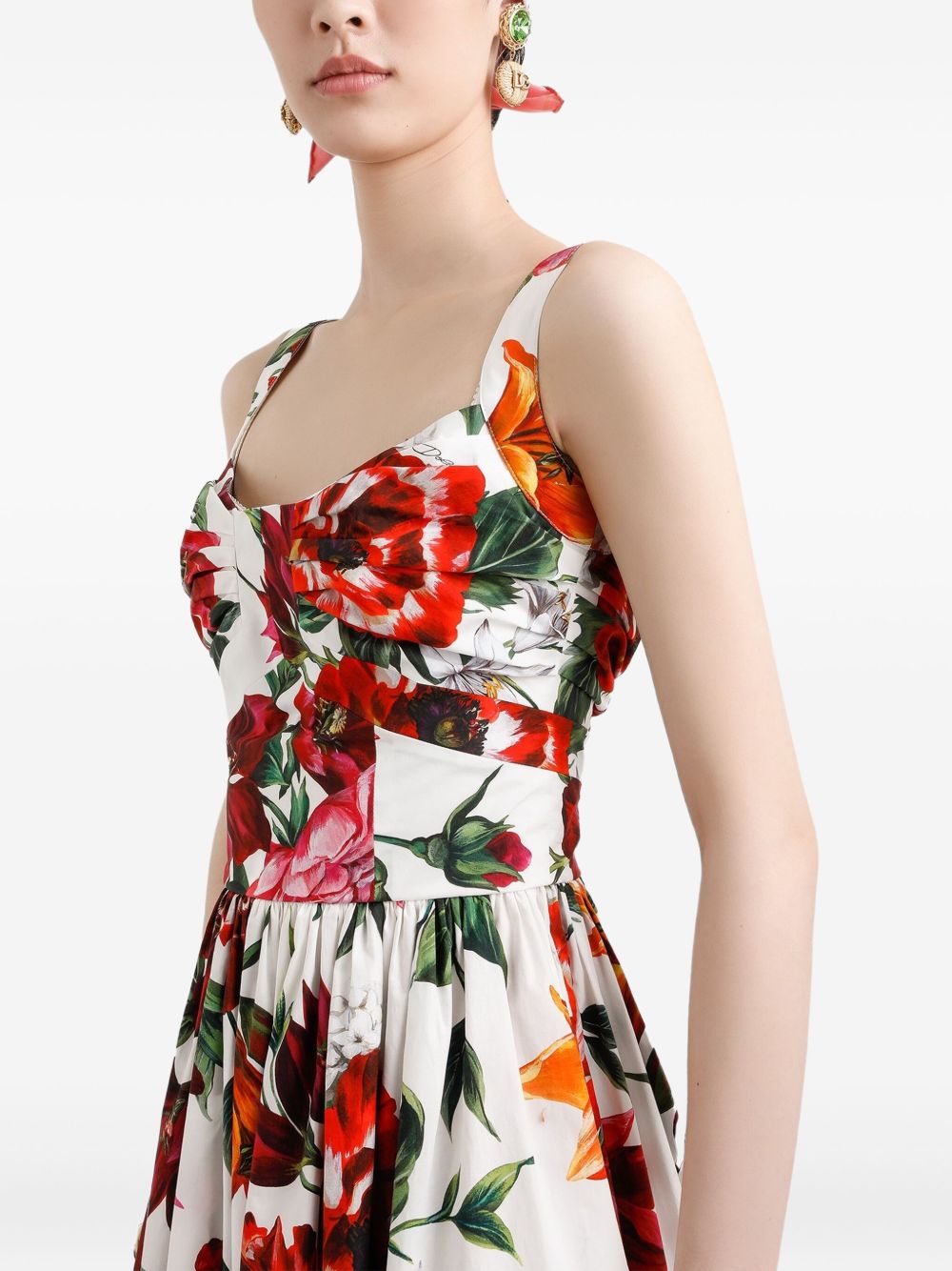 Dolce & Gabbana Anemoni Print Pleated Flared Cotton Midi Dress White White