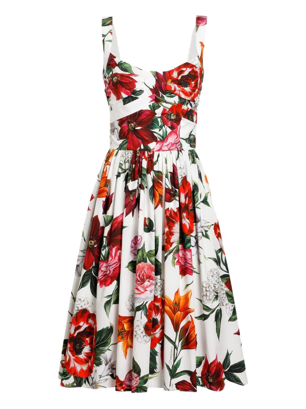 Dolce & Gabbana Anemoni Print Pleated Flared Cotton Midi Dress White White
