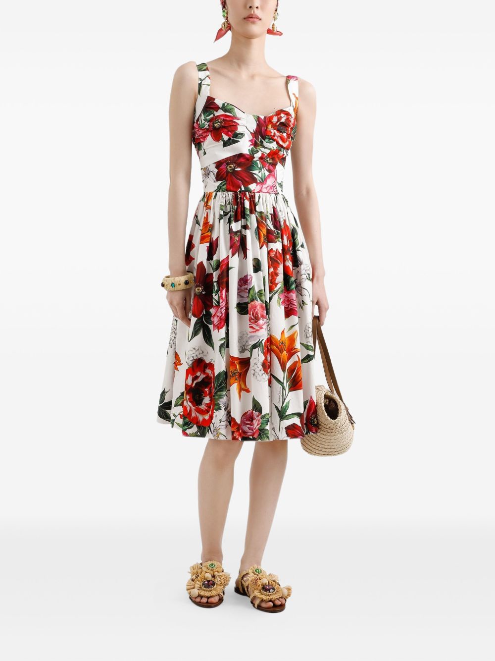 Dolce & Gabbana Anemoni Print Pleated Flared Cotton Midi Dress White White