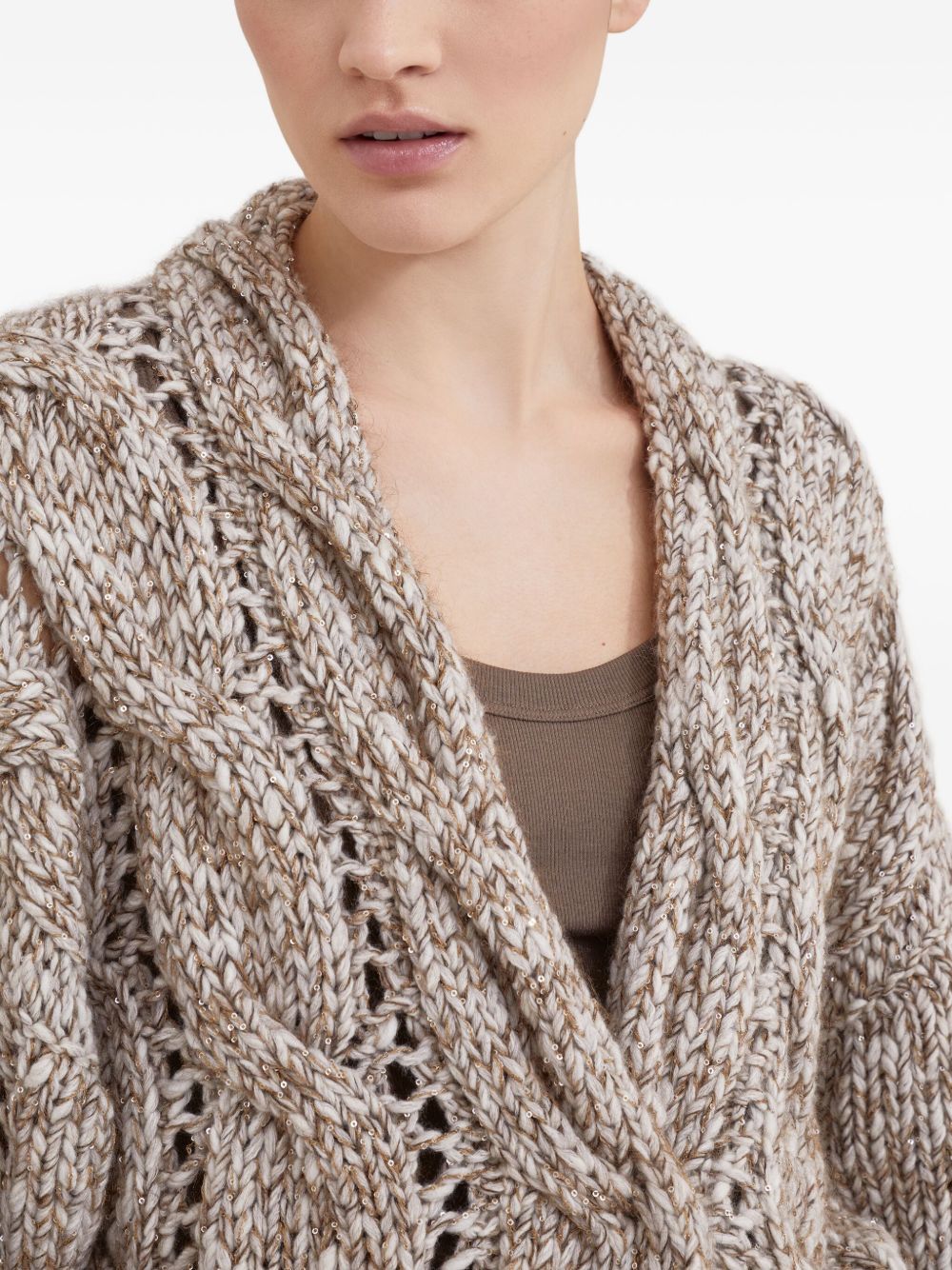 Brunello Cucinelli Open-Front Chunky Knit Wool-Cashmere Cardigan Beige Beige