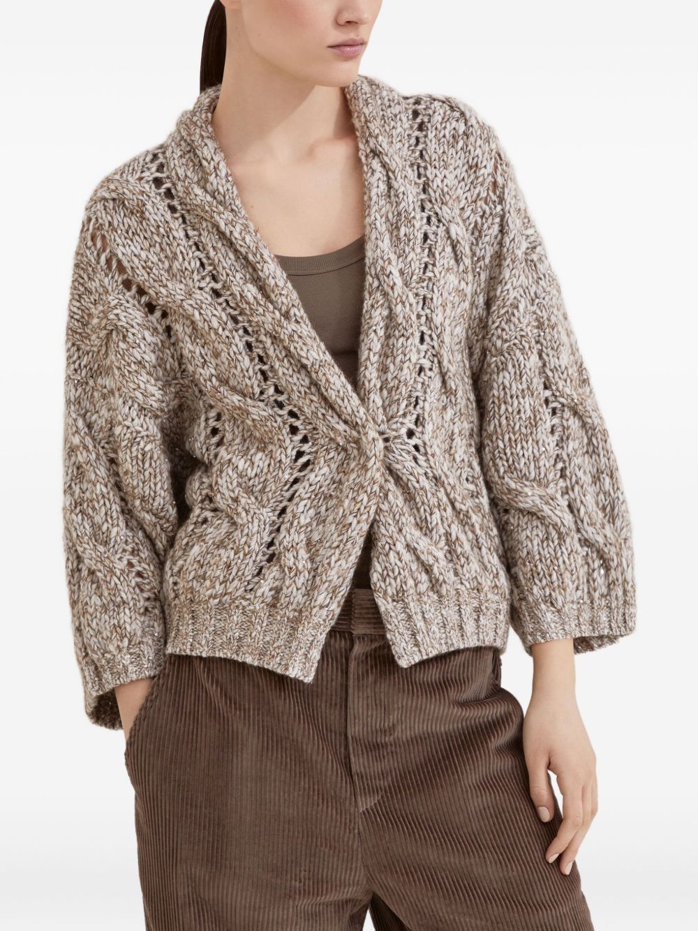 Brunello Cucinelli Open-Front Chunky Knit Wool-Cashmere Cardigan Beige Beige