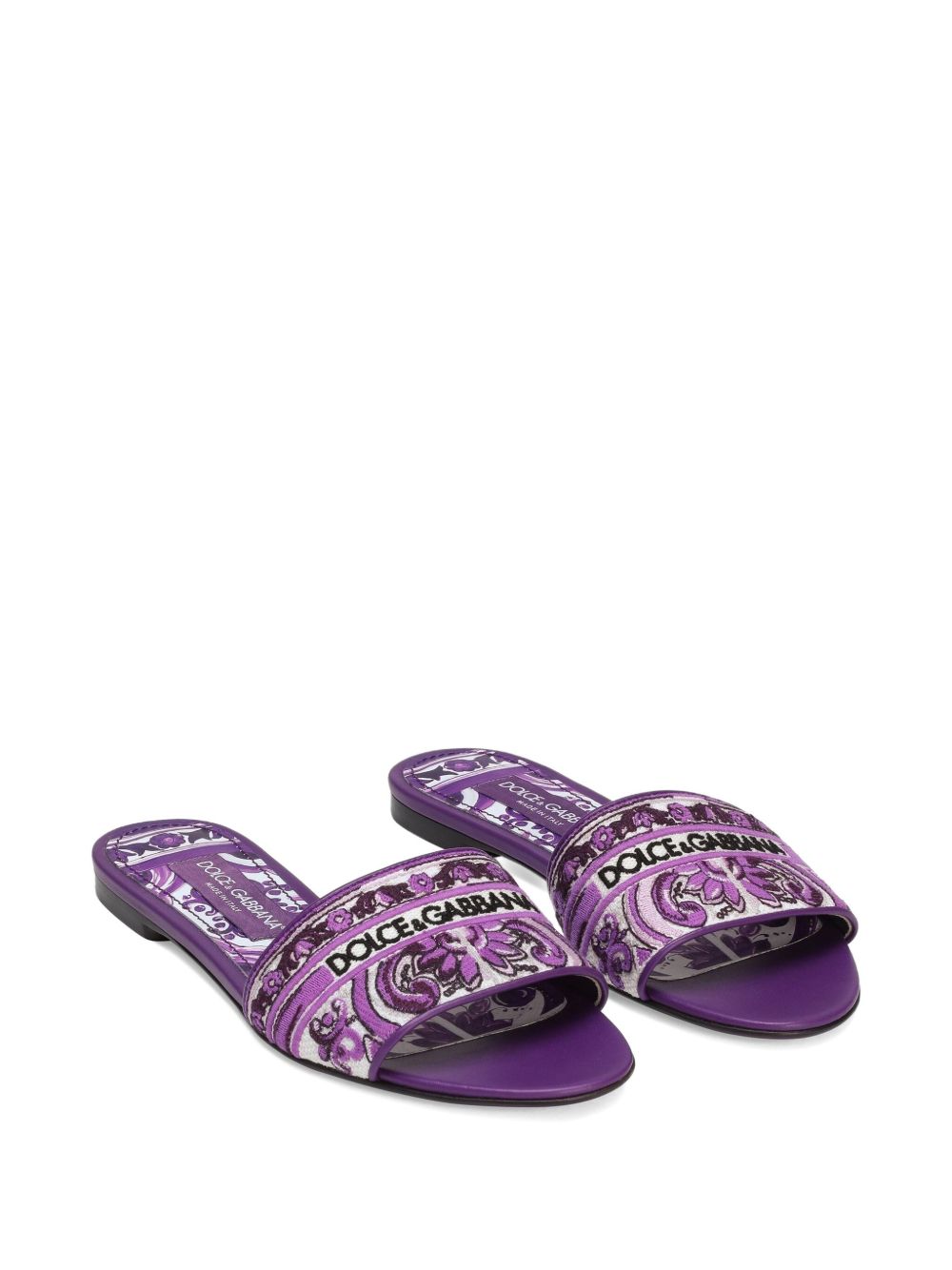 Dolce & Gabbana Maiolica Print Embroidered Logo Flat Slides Purple