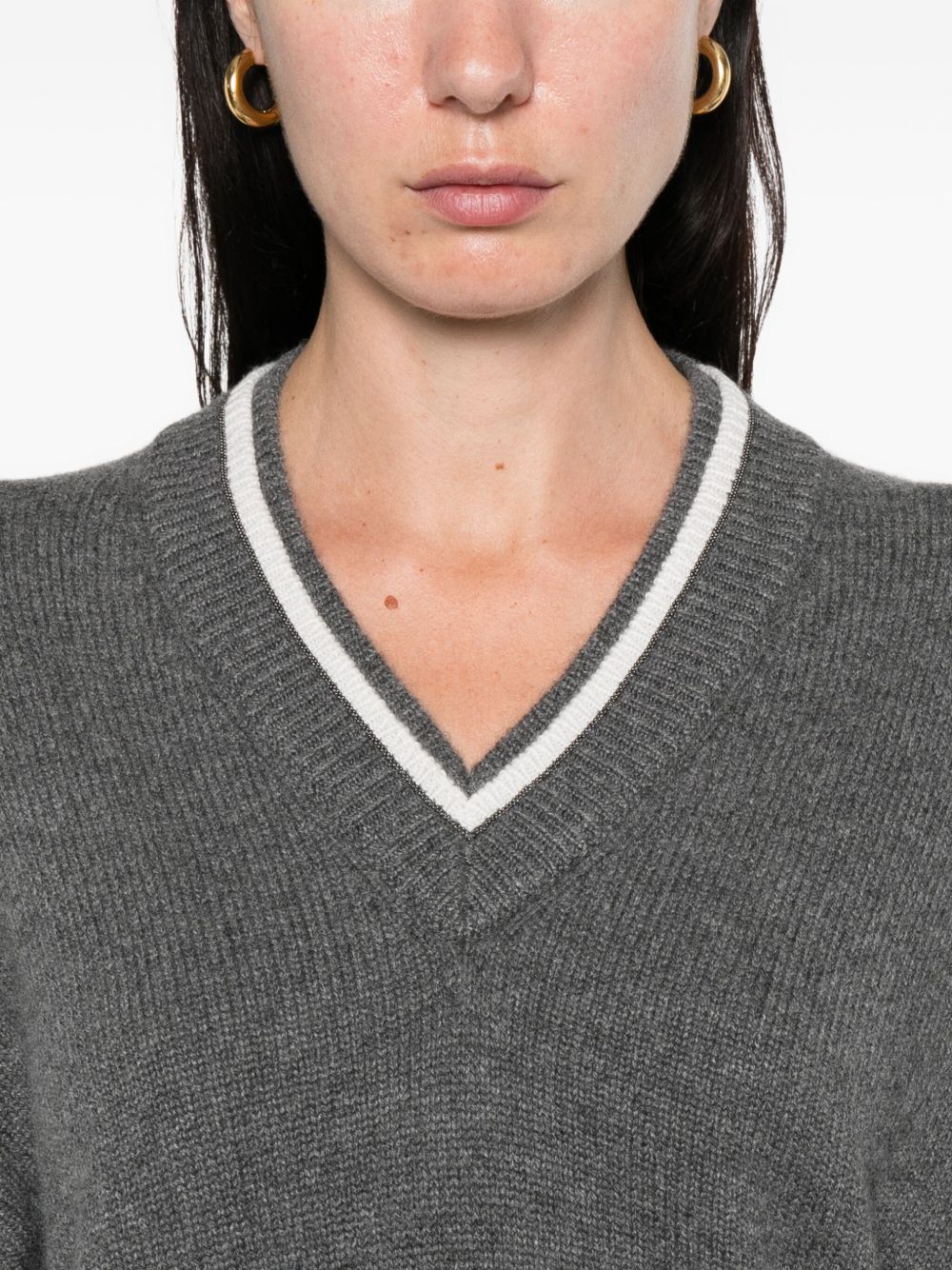 Brunello Cucinelli Cashmere V-Neck Sweater in Grey Grey