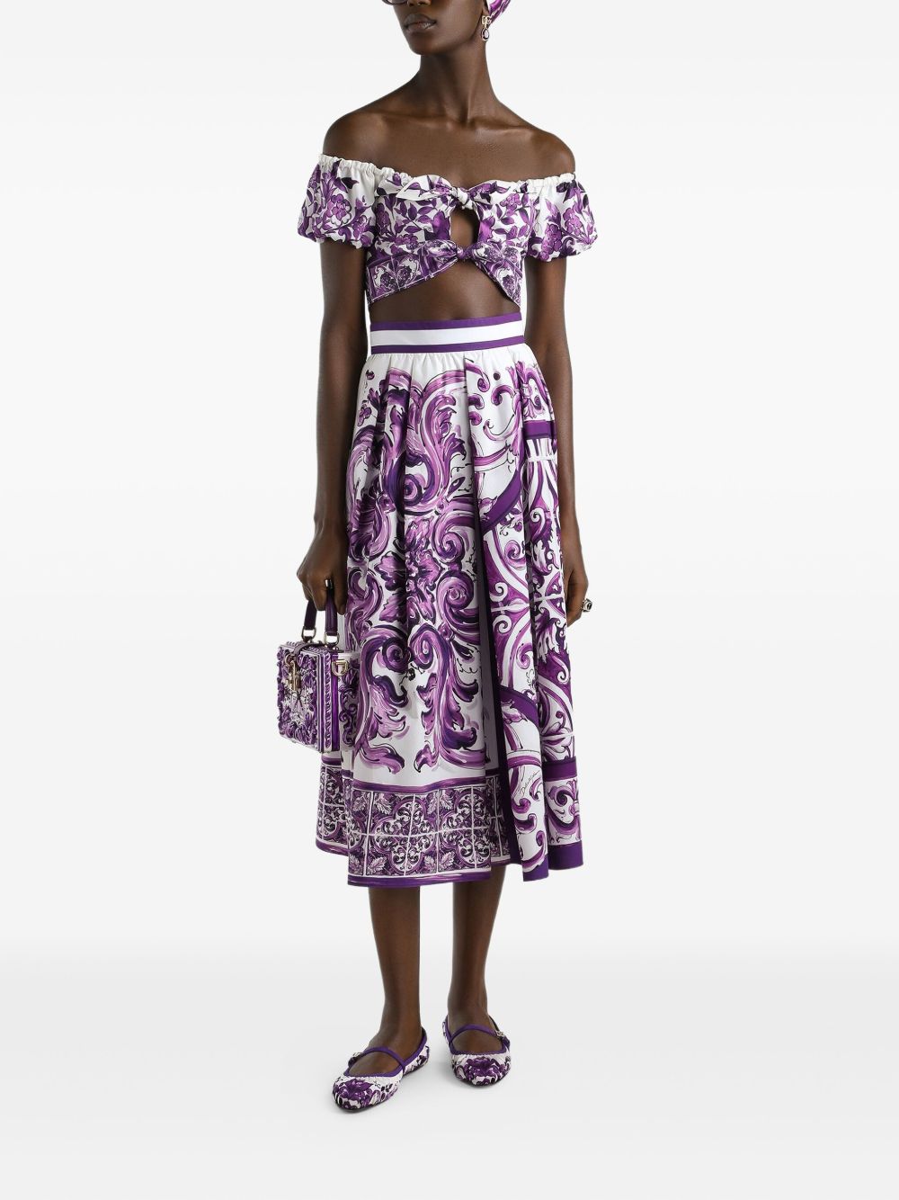 Dolce & Gabbana Maiolica Print Pleated Cotton Midi Skirt Purple